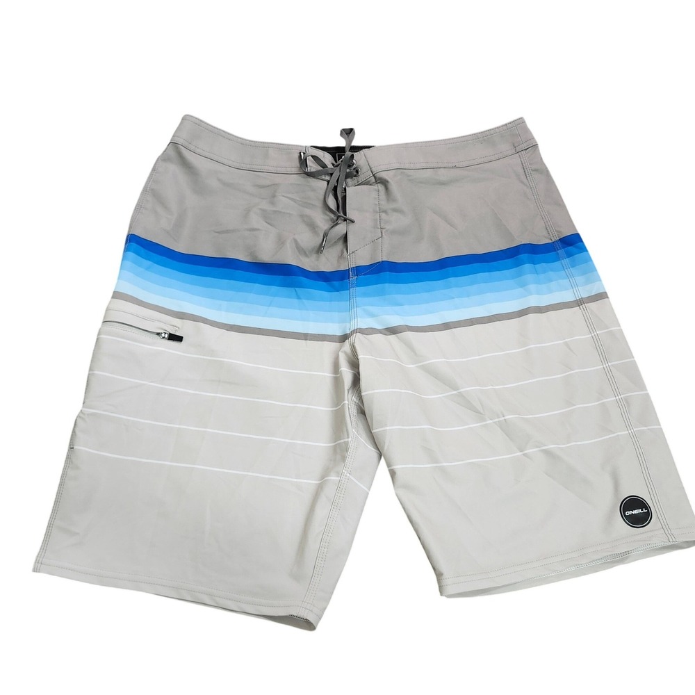 ONeill Hyperfreak Mens Board Shorts Grey Blue Striped Sz 34 Stretch Swim Trunks